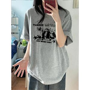 아메리칸 레트로 대학 스타일 남성/여성 여름 새 고양이 프린트 특대 반팔 티셔츠