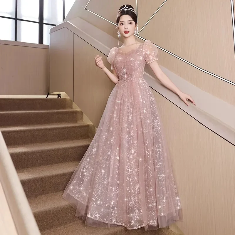 2025 여름 여성의 새로운 핑크 이브닝 드레스 라이트 럭셔리, 틈새 하이 엔드, 미술 시험, 생일 호스트 드레스, 퍼포먼스 A 라인 스커트