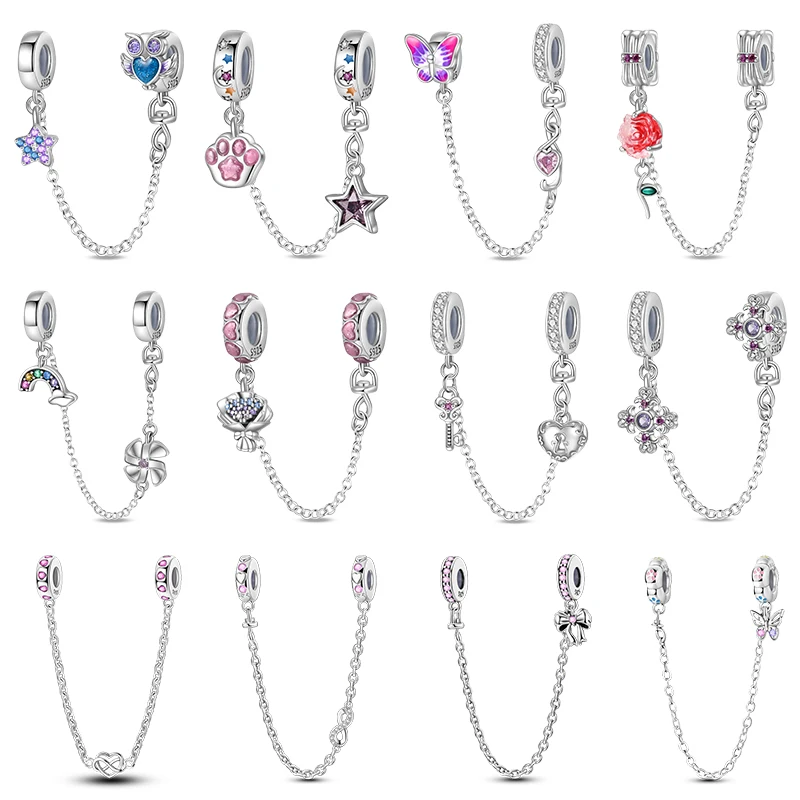 925 스털링 실버 하트 모양의 Keylock 크로스 패턴 판타지 고양이 발톱 안전 체인 맞는 Qikaola 원래 팔찌 DIY 쥬얼리