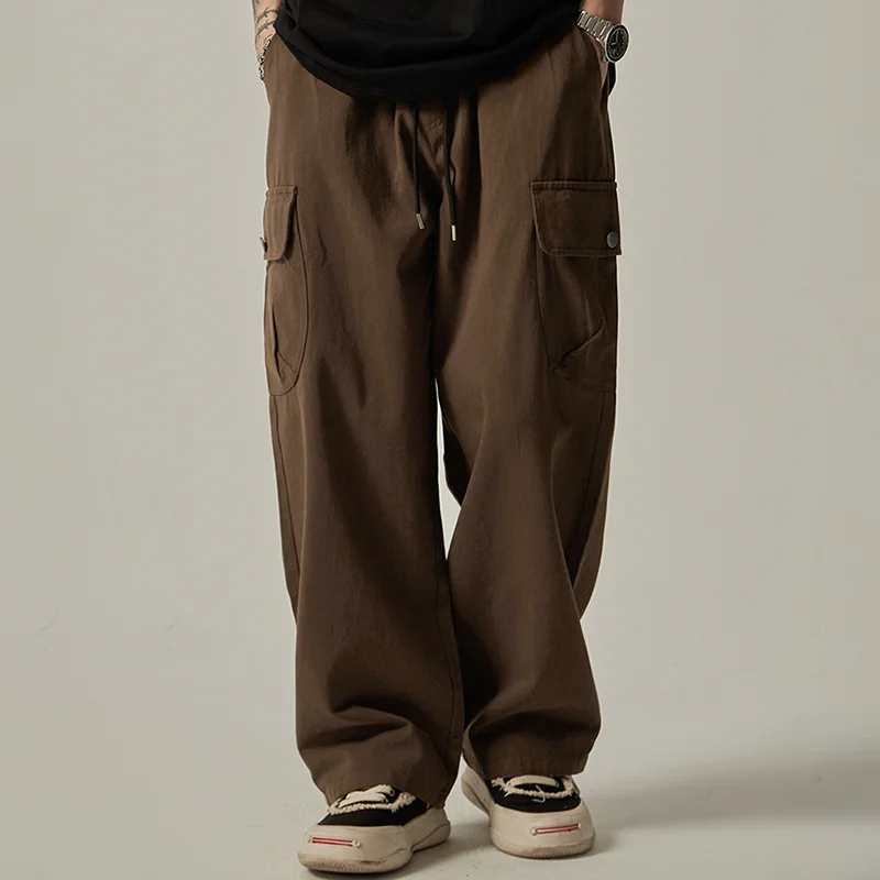 남성용 운동복 2025 봄 가을 빈티지 일본 와이드 레그 스트레이트 루즈 버튼 빅 포켓 카고 바지 Drawstring Trousers