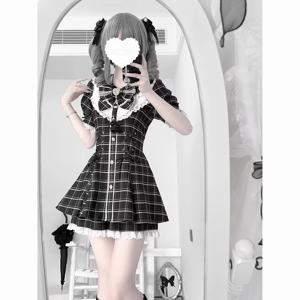 귀여운 반팔 스커트 세트 여성 Y2k 감성 슬림 하이웨이스트 신상 드레스 슈트 그레이 체크 시크 캠퍼스룩 투피스 의상