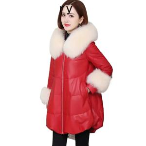 여성용 겨울 후드 다운 코트, 여우털 칼라, 정품 양가죽 레더 재킷, 루즈핏 다운 재킷