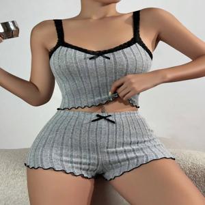 여성용 여름 슬링 파자마 세트, 홈웨어, 여성스러운 레이스 크롭탑과 반바지 파자마 라운지웨어