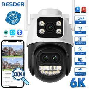 BESDER 12MP 6K PTZ Wifi 카메라 듀얼 렌즈 8배 디지털 줌 AI 인체 감지 야외 8MP CCTV IP 카메라 보안 보호 iCSee