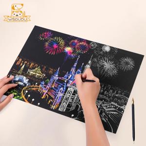 2 시트 스크래치 종이 아트 키트 DIY 공예 세계 랜드마크 동물 도시 장면 스타일러스 그리기 장난감 성인 스트레스 릴리프 크리 에이 티브 선물