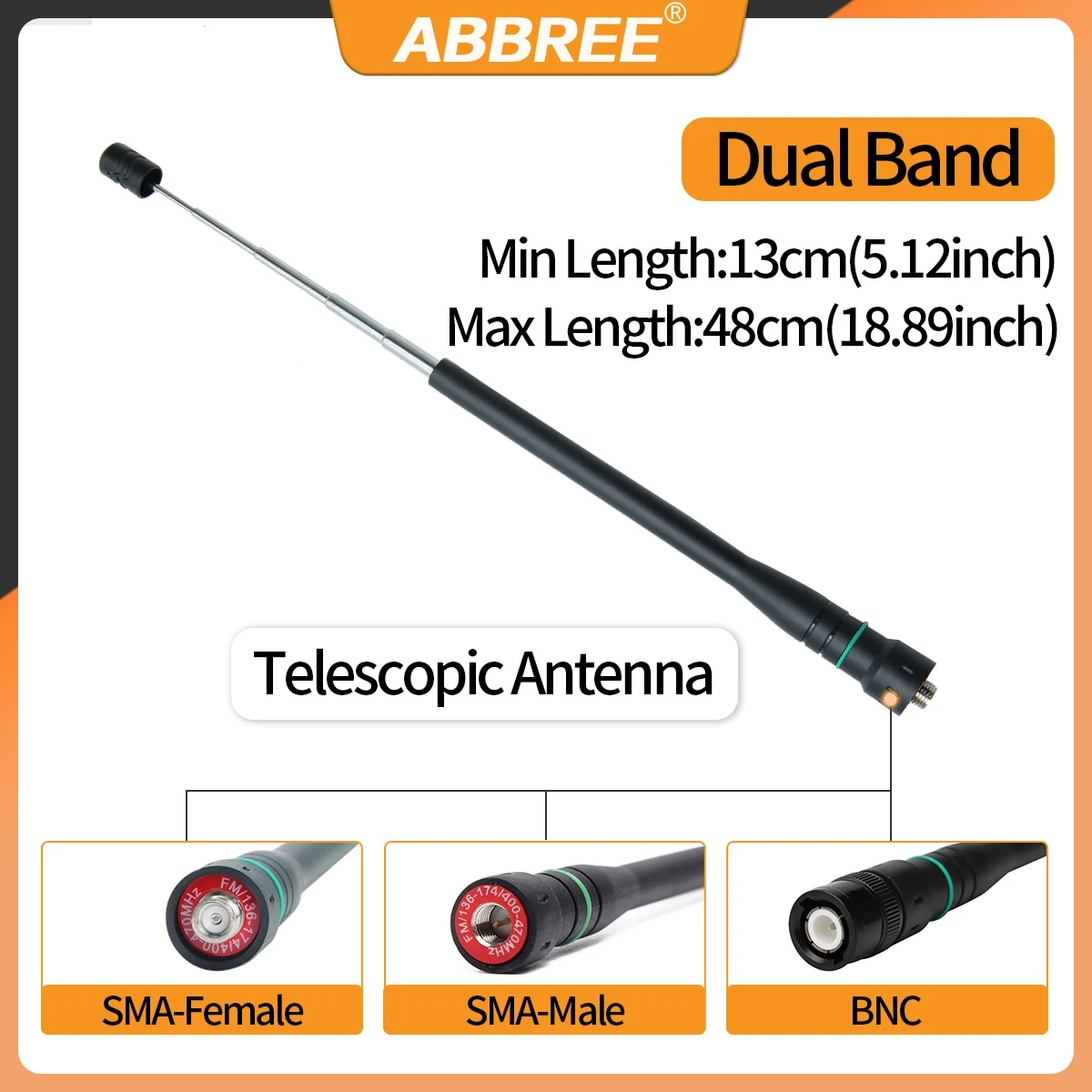 ABBREE AR-775 텔레스코픽 안테나, SMA-암, 수, BNC 듀얼 밴드 안테나, Quansheng UV K5 K6 Baofeng UV-5R BF-888S 21 Ham 라디오용