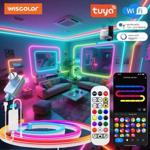WISCOLOR 음성 제어를 지원하는 방수 실리콘 음악 동기화 24V Tuya Wi-Fi LED 네온 스트립 조명 실내 실외 장식 조명용 Aleax / Google 홈 / 스마트 라이프