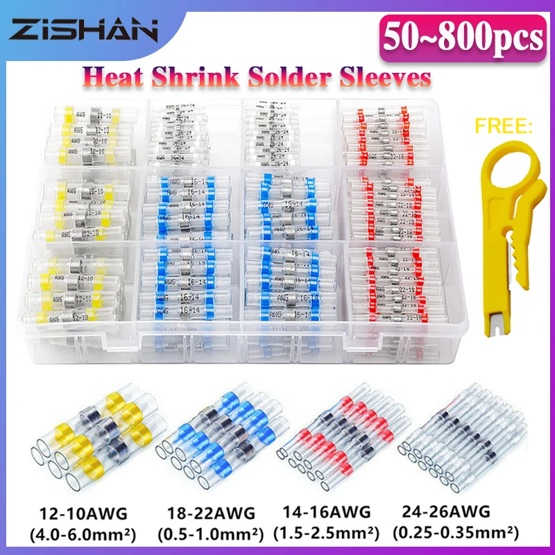 50-800Pcs 열 수축 버트 압착 단자 방수 솔더 씰 전기 커넥터 와이어 케이블 스플 라이스 키트 자동차 해양