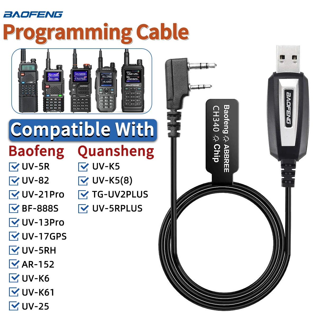 Baofeng UV 82 888S UV 13 21 Pro Quansheng UV-K5 5R Plus 워키 토키 라디오 용 CH340 USB 프로그래밍 케이블