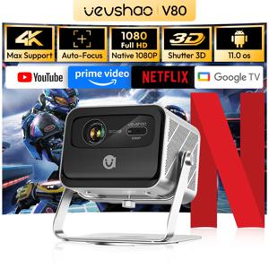 VEVSHAO V80 4K 프로젝터 풀 HD1080P 2200 Anis Lumens 안드로이드 11.0 WiFi 6 비디오 홈 영화 극장 프로젝터(베이스 스탠드 포함)