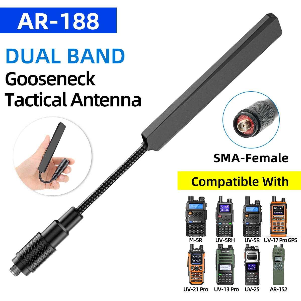 ABBREE AR-188 구즈넥 전술 안테나 SMA-암 VHF UHF (바오펑 UV-5R MINI UV-5RH 21 PRO QUANSHEGN UV-K5K6 무전기용)