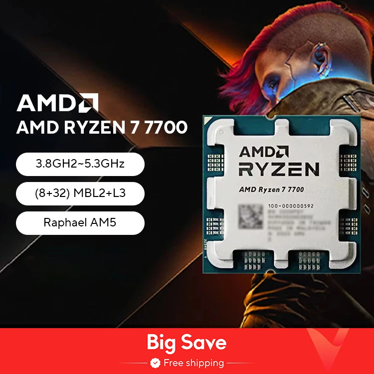 PC 게이머용 데스크탑 컴퓨터 프로세서, AMD Ryzen 7 7700 100%, 새로운 게임 CPU, 최대 5.3GHz 8 코어 16 스레드 소켓, AM5
