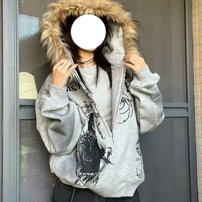 여성용 Y2k 미적 타이 다이 프린트 후드, 하라주쿠 빈티지 모피 패치워크 후드, 캐주얼 그런지 오버사이즈 스웨트 셔츠