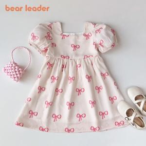 Bear Leader 반팔 소녀 의류 여름 새 활 인쇄 캐주얼 드레스 3-7 년 착용을위한 달콤하고 귀여운 아동복