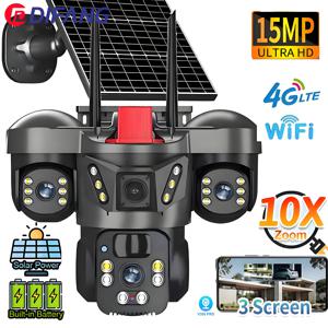 8K 15MP 무선 와이파이 태양광 카메라 3렌즈 3화면 4G 심 카드 태양광 캠 인체 감지 야외 태양광 감시 V380