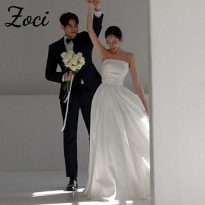 Zoci 심플 스트랩리스 한국 웨딩 드레스, 맞춤형 A 라인 태피터 포멀 파티 가운, 사진 촬영 민소매 신부 원피스