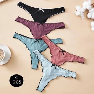 4pcs 여성면 단색 끈 섹시한 편안한 여성 속옷 매일 통기성 T-백 니트 활 귀여운 소녀 낮은 허리