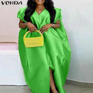 VONDA 플러스 사이즈 보헤미안 여성 맥시 드레스 2025 여름 스플릿 롱 Sundress v 넥 반팔 캐주얼 솔리드 파티 새틴 가운 5XL