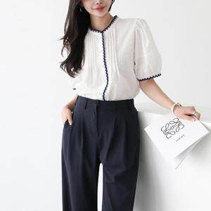 도트 배색 퍼프 블라우스 #49759