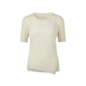 [무케] 몽플리쎄_여성 라운드넥 언발 사선 플리츠 반팔 탑 (아이보리) 주름옷 주름티