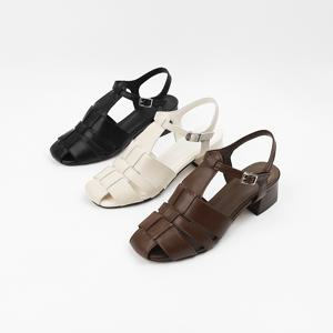 신난다슈 여성 스트랩 샌들 5cm 뮬 샌들 격자 짜임 발편한 통굽 소가죽BL257726