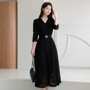 (~XXL까지) 루멜리 레이스 큐빅벨트 플레어 원피스 가을 하객룩 오피스룩 모임룩 격식룩 빅사이즈