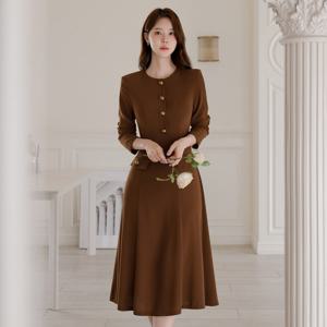(~XXL까지) 카렌디아 라운드넥 골드버튼 플레어 원피스 가을 하객룩 오피스룩 모임룩 격식룩 빅사이즈