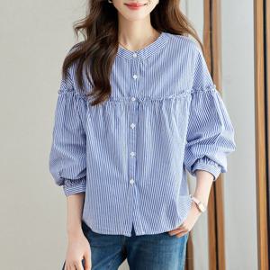 [브리치] 제로투올샵 / 여성 루즈핏 긴팔 셔츠 여름 린넨 블라우스 블루 스트라이프
