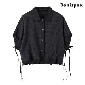 정상가:69,000원 | 소매 카라 스트링 리본 셔링 반팔 블라우스 (XO2BA018L0)