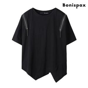 정상가:59,000원 | 지퍼 포인트 라운드 숄더 언발 반팔 티셔츠 (XO2LW019L0)