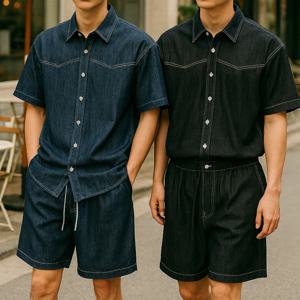 남성 오버핏 생지 데님 셋업 반팔 셔츠 반바지 세트 흑청 진청