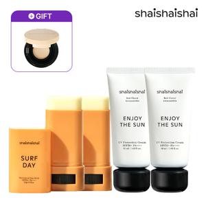 인조이 더 선크림 50ml X 2통 + 서프데이 워터프루프 선스틱 18g X 2통 + GIFT : 미니 쿠션 공용기