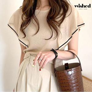 라운드넥 물결 포인트 배색 반팔 비스코스 니트 (WIBBNT025)