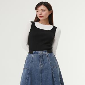 [플라스틱 아일랜드][BEIGE]스퀘어넥 니트 민소매 탑 PR7KT361