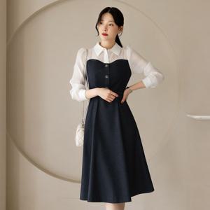 (~XXL까지)(기장선택) 리노바 퍼프 소매 배색 벨트 원피스 가을 하객룩 오피스룩 모임룩 격식룩 빅사이즈