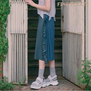 [FINE PLEATS] 피네 플리츠 프릴 배색 플레어 스커트 청록