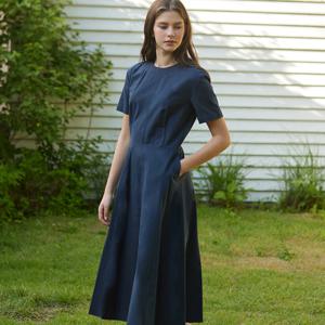 Linen Flared Dress - Navy