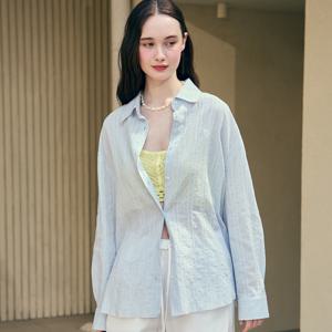 Over Fit Raw Cut Stripe Shirt - Light Blue