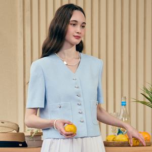 V-neck Tweed Half Sleeve Jacket - Blue