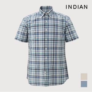 INDIAN  린넨블랜드 미디움체크 반팔셔츠_MIUNSYM3271