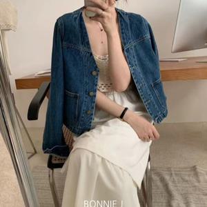 [브리치] 보니제이 / 노카라 브이넥 하프 크롭 청 데님 자켓