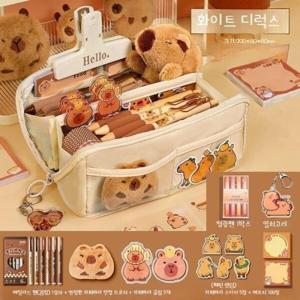 파우치형/귀여운 카피바라 캐릭터 180도 오픈형 필통 - 대용량 문구 다꾸 스티커 샤프6개 세트