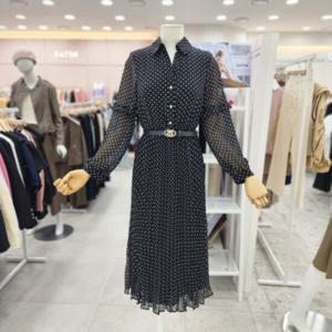 [샤틴]도트패턴 쉬폰 플리츠 벨티드 원피스S233M652A