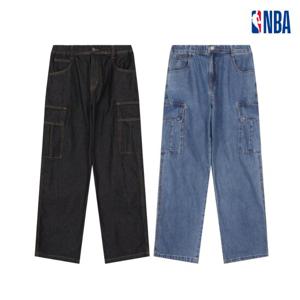 NBA N252DP141P 공용 오버핏 밴딩 데님 와이드 카고 팬츠 바지 STG