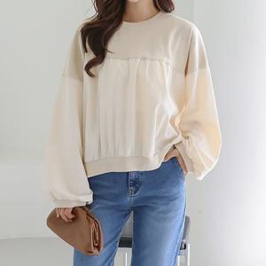 [바네사빈]셔링 배색 라운드 티셔츠 블라우스 v00452