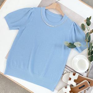 샵앤) 여성 진주 라운드넥 퍼프소매 여름 반팔 니트티 BONG-WKN-4493-블루