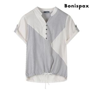 [보니스팍스(여성의류)]차이나넥 스트라이프 배색 반팔 블라우스 (XP7SH001M0)