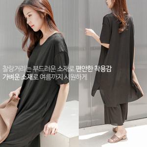 로라 플리츠 반팔 롱 티셔츠