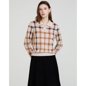 닥스 여성 24FW 역시즌세일울 100% 베이지 체크 긴팔 카라니트 DLSW4D993I2