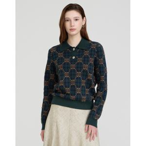 닥스 여성 24FW 역시즌세일울 100% 다크그린 DD로고패턴 긴팔 카라니트 DLSW4D993E3